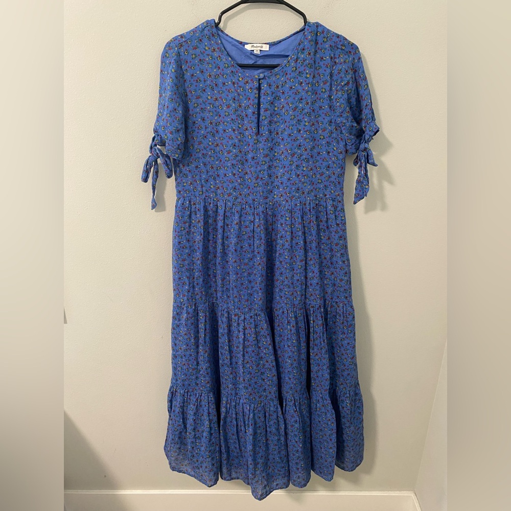 Madewell Blue Floral Midi Flowy Dress with Tie Sleeves Sizs XS